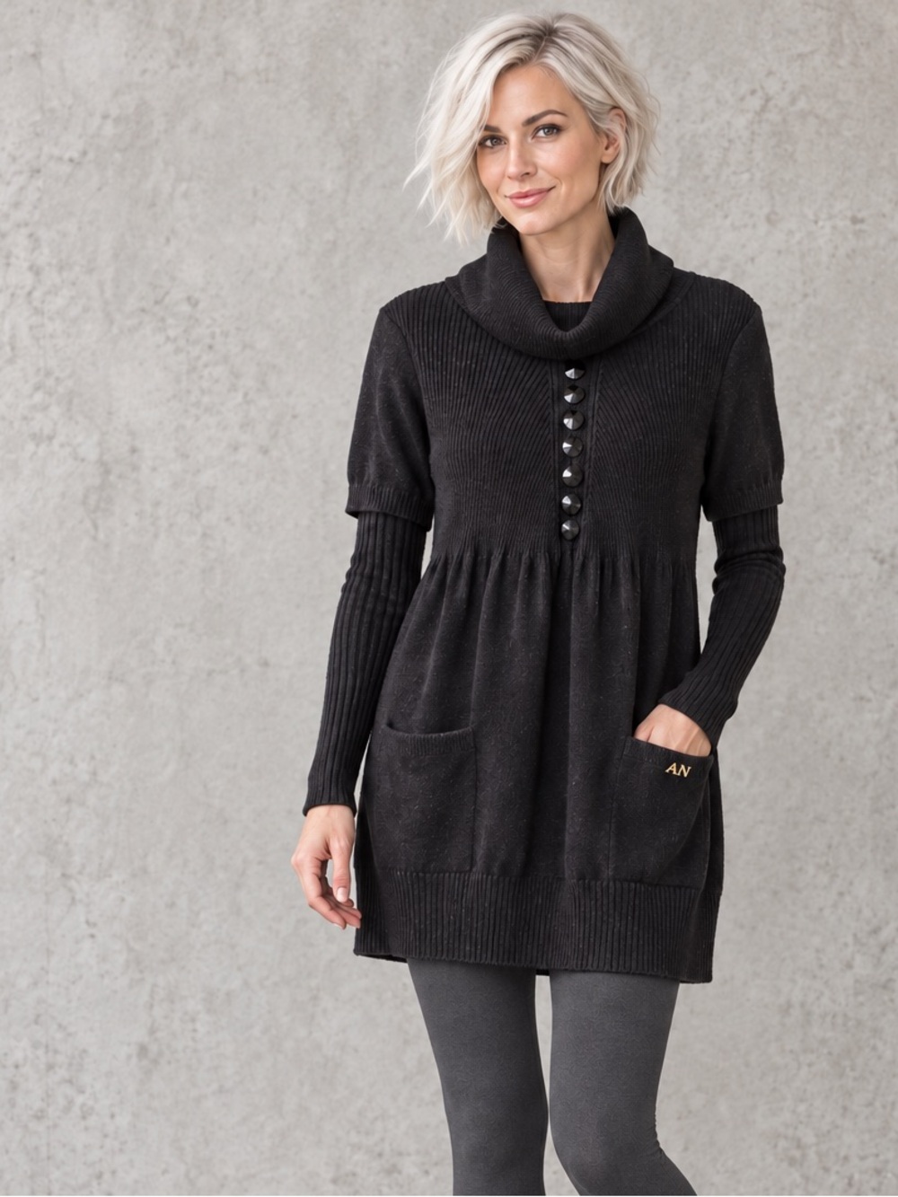 Black Cowl Neck Sweater Tunic Layered Sleeves XS/S
